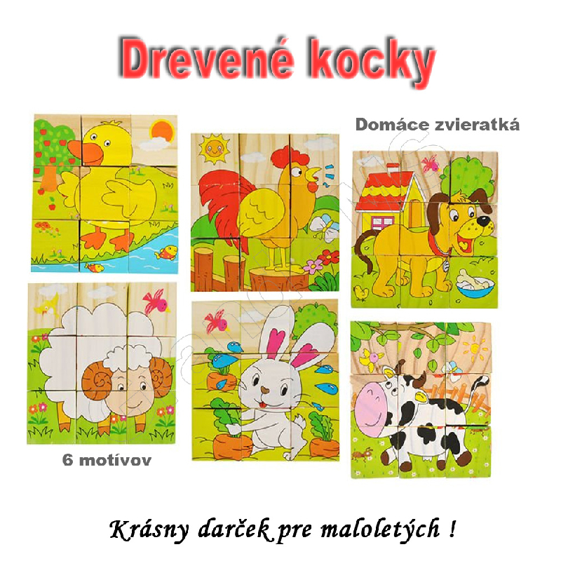 Drevené kocky pre najmeších 6 motívov - Domáce zvieratká 