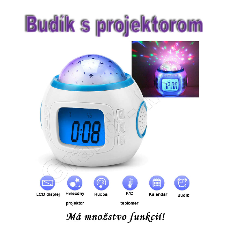 LED multifunkčný budík a hudbou a proktorom nočnej oblohy