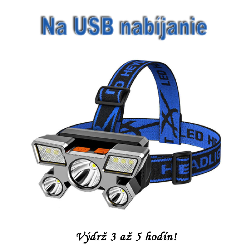 Svietidlo - turistická čelovka 5 COB LED vodotesná - 1200mAh USB nabíjanie